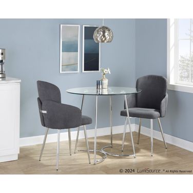 Cece-Dahlia Dining Set with Clear Glass Tabletop Fabric In Grey and Chrome