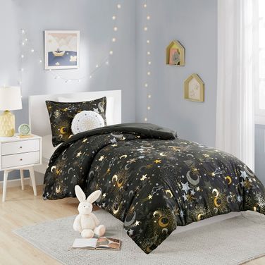 Celia Starry Sky Metallic 4 Piece Full/Queen Comforter Set with Throw Pillow In Charcoal and Gold