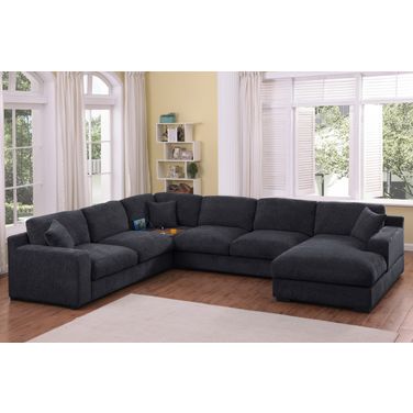 Celine Chenille Fabric Right-Facing Chaise Corner Sectional Sofa with Cupholders and Charging Ports In Charcoal