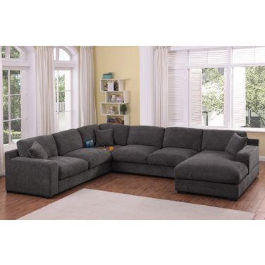 Celine Chenille Fabric Right-Facing Chaise Corner Sectional Sofa with Cupholders and Charging Ports In Gray