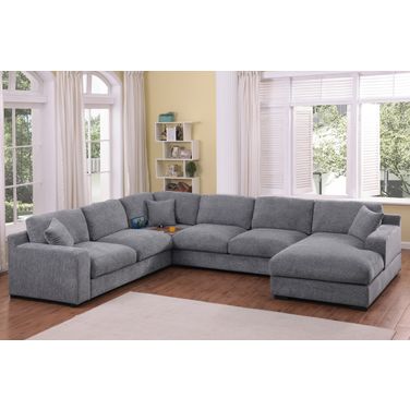 Celine Chenille Fabric Right-Facing Chaise Corner Sectional Sofa with Cupholders and Charging Ports In Light Gray