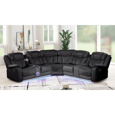 Challenger Faux Leather Recliner Sectional Sofa with USB C Ports and Bluetooth In Black