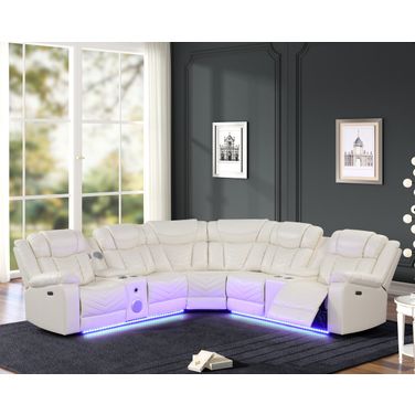 Challenger Faux Leather Recliner Sectional Sofa with USB C Ports and Bluetooth In Ice