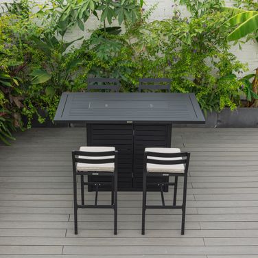 Chelsea Aluminum Outdoor Dining Set with 1 Bar Height Fire Pit Table and 4 Bar Chair In Black with Beige Cushions