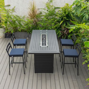 Chelsea Aluminum Outdoor Dining Set with 1 Bar Height Fire Pit Table and 4 Bar Chair In Black with Blue Cushions