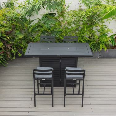Chelsea Aluminum Outdoor Dining Set with 1 Bar Height Fire Pit Table and 4 Bar Chair In Black with Charocal Cushions