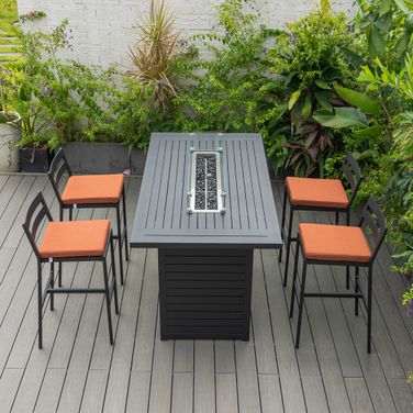 Chelsea Aluminum Outdoor Dining Set with 1 Bar Height Fire Pit Table and 4 Bar Chair In Black with Orange Cushions