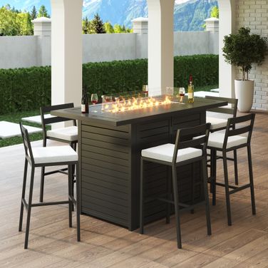 Chelsea Aluminum Outdoor Dining Set with 1 Bar Height Fire Pit Table and 6 Bar Chair In Black with Beige Cushions