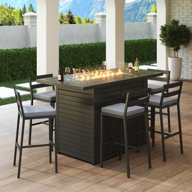 Chelsea Aluminum Outdoor Dining Set with 1 Bar Height Fire Pit Table and 6 Bar Chair In Black with Charocal Cushions