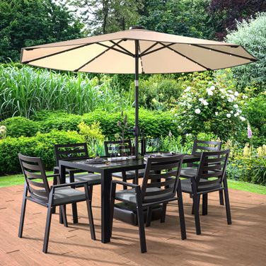 Chelsea Outdoor Dining Table with 8 Chairs and Cushions In Charcoal Black