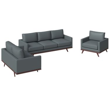Chester 3-Piece Leather Living Room Sofa Set with Birch Wood Base In Grey