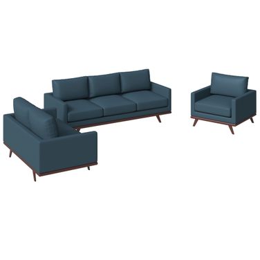 Chester 3-Piece Leather Living Room Sofa Set with Birch Wood Base In Navy Blue