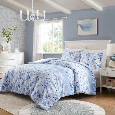 Christa Floral Striped Duvet 3 Piece Full/Queen Cover Set In Blue