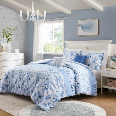 Christa Floral Striped 5 Piece Full/Queen Comforter Set In Blue