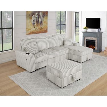 Clair 4-Piece Corduroy Sectional with Pull Out Loveseat In Beige