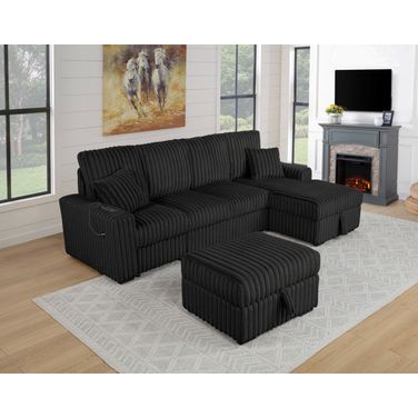 Clair 4-Piece Corduroy Sectional with Pull Out Loveseat In Black