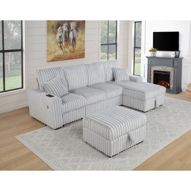 Clair 4-Piece Corduroy Sectional with Pull Out Loveseat In Light Gray