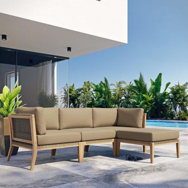 Clearwater Outdoor Patio Teak Wood 4 Piece Sectional Sofa In Gray Light Brown