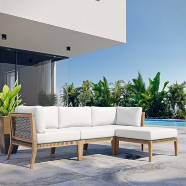 Clearwater Outdoor Patio Teak Wood 4 Piece Sectional Sofa In Gray White