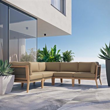 Clearwater Outdoor Patio Teak Wood 5 Piece Sectional Sofa In Gray Light Brown