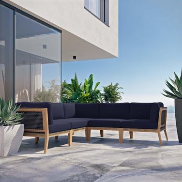 Clearwater Outdoor Patio Teak Wood 5 Piece Sectional Sofa In Gray Navy