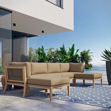 Clearwater Outdoor Patio Teak Wood 6 Piece Sectional Sofa In Gray Light Brown EEI-6122-GRY-LBR
