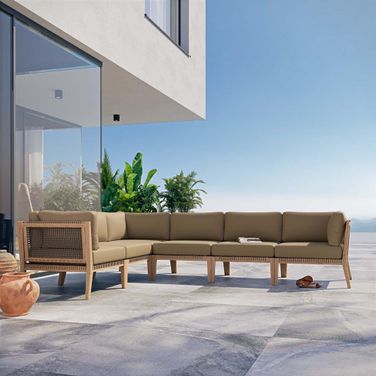 Clearwater Outdoor Patio Teak Wood 6 Piece Sectional Sofa In Gray Light Brown EEI-6125-GRY-LBR