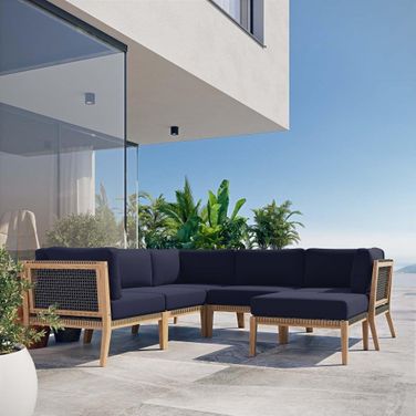 Clearwater Outdoor Patio Teak Wood 6 Piece Sectional Sofa In Gray Navy EEI-6124-GRY-NAV