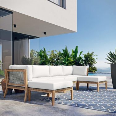 Clearwater Outdoor Patio Teak Wood 6 Piece Sectional Sofa In Gray White EEI-6122-GRY-WHI