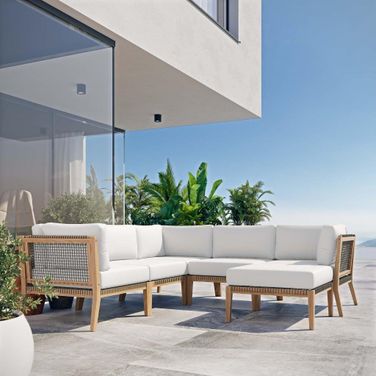 Clearwater Outdoor Patio Teak Wood 6 Piece Sectional Sofa In Gray White EEI-6124-GRY-WHI