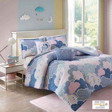Cloud Cotton Printed 5 Piece Queen Comforter Set In Blue