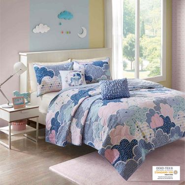 Cloud Reversible Cotton 5 Piece Quilt Set with Throw Pillows In Blue