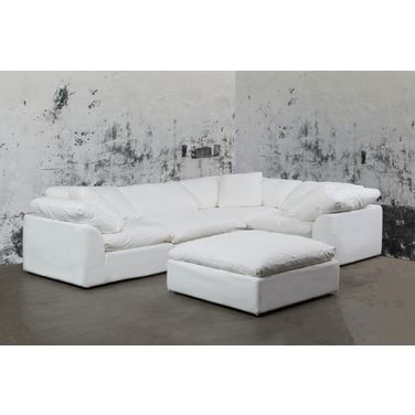 Cloud Puff White 5 Piece Slipcovered Modular L Shaped Sectional Sofa with Ottoman