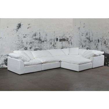 Cloud Puff White 6 Piece Slipcovered Modular L Shaped Sectional Sofa with Ottoman