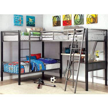 Ballarat Gray and Silver L-Shaped Triple Twin Bunk Bed With Desk