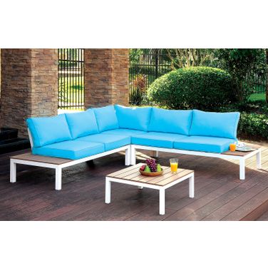 Winona Blue and White Patio Sectional With Ottoman