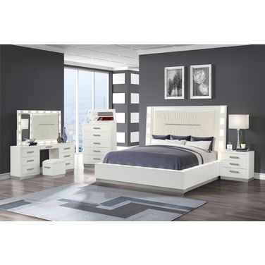Coco 5 Piece LED Vanity Queen Bedroom Set In Milky White