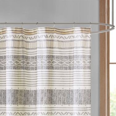 Cody Cotton Stripe Printed Shower Curtain with Tassel In Gray and Yellow