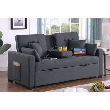 Cody II 69.5 Inch Linen Convertible Sleeper Loveseat with Cup Holder In Dark Gray