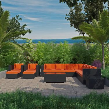 Cohesion 11 Piece Outdoor Patio Sectional Set In Espresso and Orange