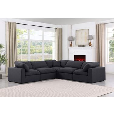Comfy Linen Textured Fabric 5 Piece Modular Sectional In Black