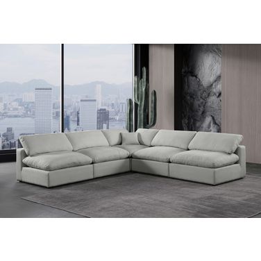 Comfy Linen Textured Fabric 5 Piece Modular Sectional In Grey