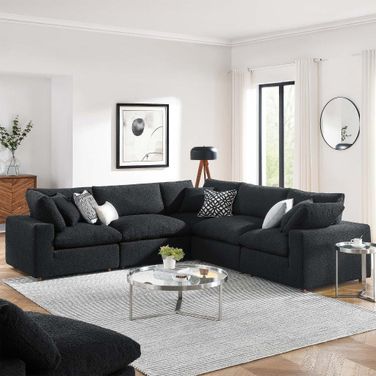 Commix Down Filled Overstuffed Boucle 5 Piece Sectional Sofa In Black