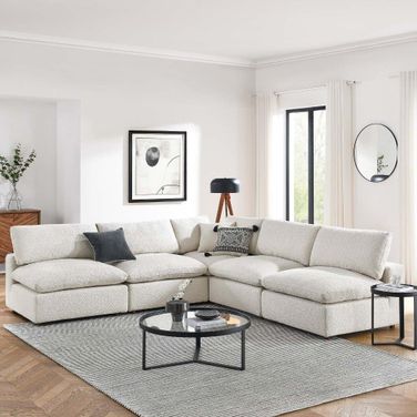 Commix Down Filled Overstuffed Boucle Fabric 5 Piece Sectional Sofa In Ivory EEI-6367-IVO