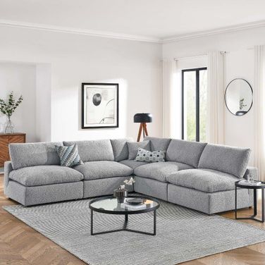 Commix Down Filled Overstuffed Boucle Fabric 5 Piece Sectional Sofa In Light Gray EEI-6367-LGR