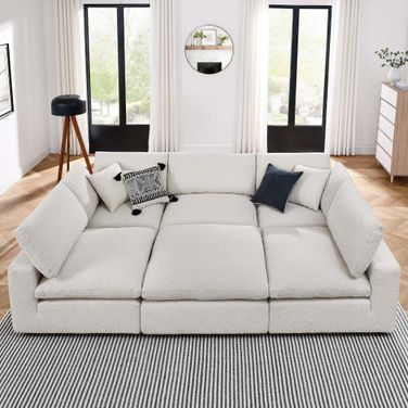 Commix Down Filled Overstuffed Boucle Fabric 6 Piece Sectional Sofa In Ivory EEI-6372-IVO