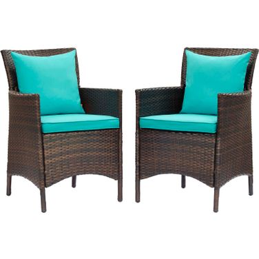 Conduit Outdoor Patio Wicker Rattan Dining Armchair Set of 2 In Brown Turquoise