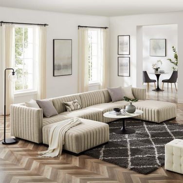 Conjure Channel Tufted Upholstered Fabric 6 Piece Sectional Sofa In Black Beige