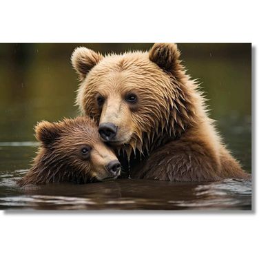 Contemplative Bear Family Frameless Tempered Glass Wall Art In Multi