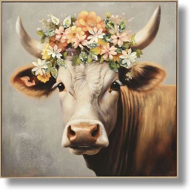 Contemplative Blossom-Crowned Bovine Charm Canvas Wall Art In Multi